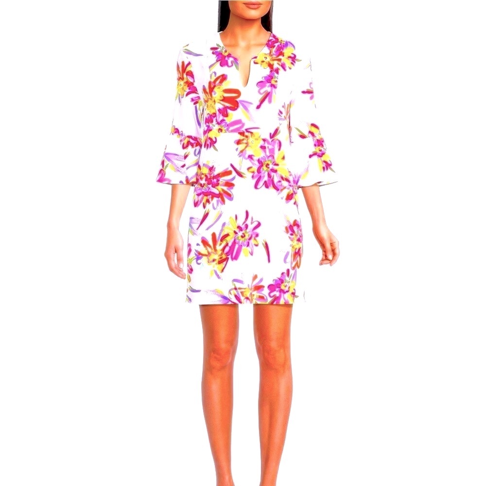 Jude Connally NEW Kerry Floral Print Split V-Neck 3/4 Bell Sleeve Shift Dress